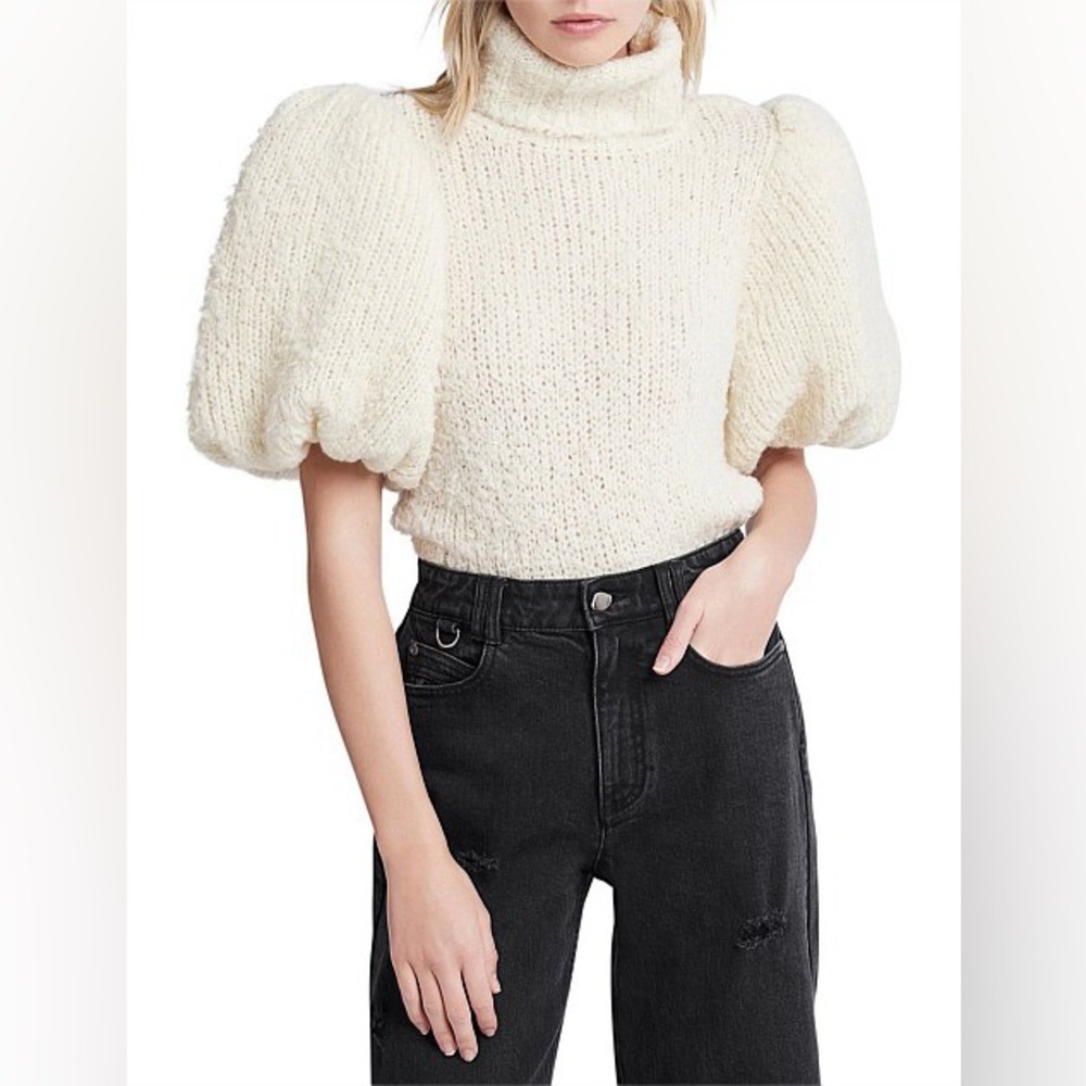 Aje Alba Cream Knit Puff Short Sleeves Fold Over Collar Top Sweater Size S